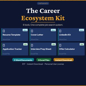 May include: A dark blue graphic with the text "The Career Ecosystem Kit." It includes six tools for job searching: Resume Template, Cover Letter, LinkedIn Kit, Application Tracker, Interview Prep Sheet, and Offer Calculator. The kit includes 3 Word documents and 3 Excel files.