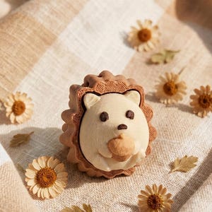May include: A brown and cream-colored hedgehog-shaped fidget clicker toy. The hedgehog has a textured brown back, a smooth cream face with dark eyes and nose, and holds a small brown acorn. Text reads: Cute Hedgehog Clicker the cutest fidget ever!