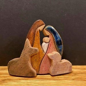 Tiny Miniature Stoneware Nativity Scene: Holy Family, Sheep and Donkey. About 2 inch primitive.