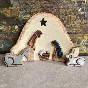 Miniature Tiny Nativity set 2.5x3 inch ceramic, handmade, stoneware, sculpture, Scroll background. Free Shipping, Original Christmas Design