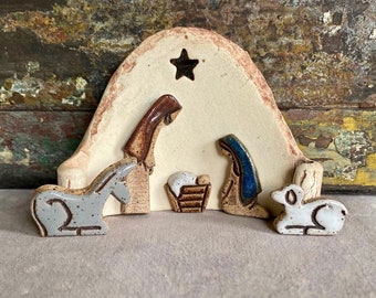 Miniature Tiny Nativity set 2.5x3 inch ceramic, handmade, stoneware, sculpture, Scroll background. Free Shipping, Original Christmas Design