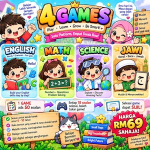 Puede incluir: Un póster educativo colorido titulado 4 GAMES con niños de dibujos animados e iconos para inglés, matemáticas, ciencias y jawi. El gráfico incluye texto en malayo, una pila de libros, un gato y un precio de RM69 por la plataforma.
