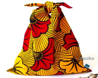 Sac Origami Japonais / Sac Azuma / Sac à bento / Wax Tissu Africain / Taille petite / Motif Ginkgo / Jaune / Rouge