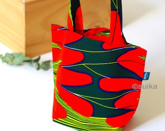 Mini Tote Bag / Sac à main / Sac de course / Sac en coton / Tissu Wax / Abstrait / Vert-Rouge / Taille petite