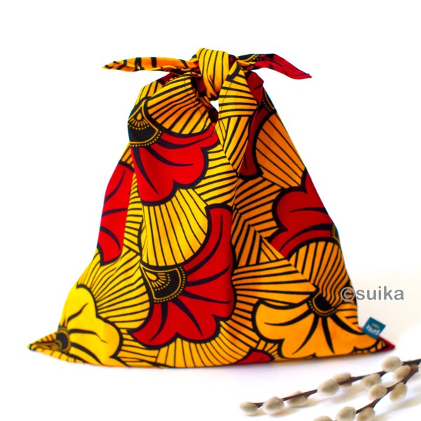 Sac Origami Japonais / Sac Azuma / Sac à bento / Wax Tissu Africain / Taille petite / Motif Ginkgo / Jaune / Rouge