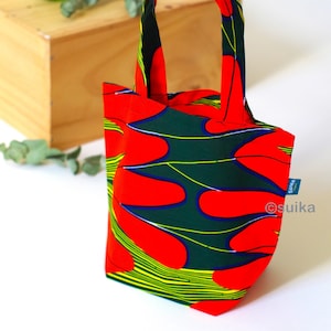 Mini Tote Bag / Sac à main / Sac de course / Sac en coton / Tissu Wax / Abstrait / Vert-Rouge / Taille petite