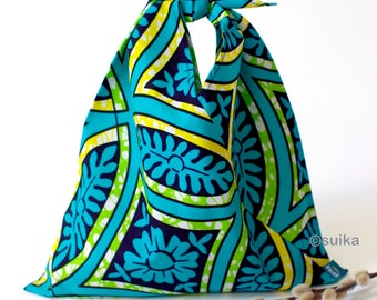 Japanese Origami Bag / Azuma Bag / Bento bag / African Wax Fabric / Small size / Oriental / Green