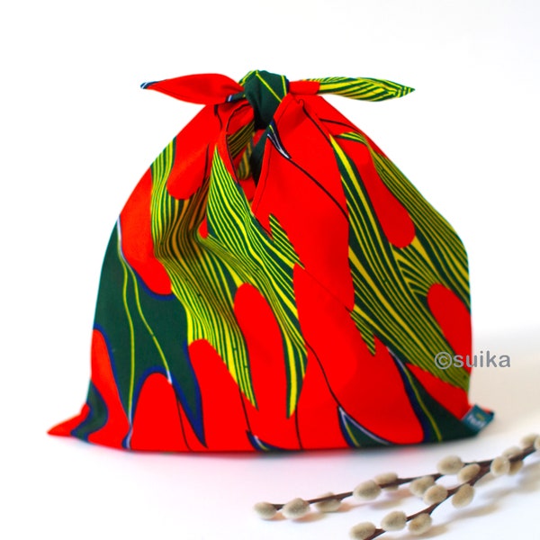 Sac Origami Japonais / Sac Azuma / Sac à bento / Wax Tissu Africain / Taille petite / Motif Ginkgo / Jaune / Rouge