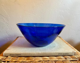 Vintage Cobalt Blue Handblown Glass Large Serving Bowl