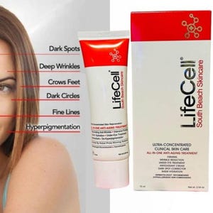 May include: A LifeCell South Beach Skincare tube and box set. The white and red packaging features the text LifeCell South Beach Skincare, Ultra-Concentrated Clinical Skin Care, and All-In-One Anti-Aging Treatment. Net weight is 2.54 oz.