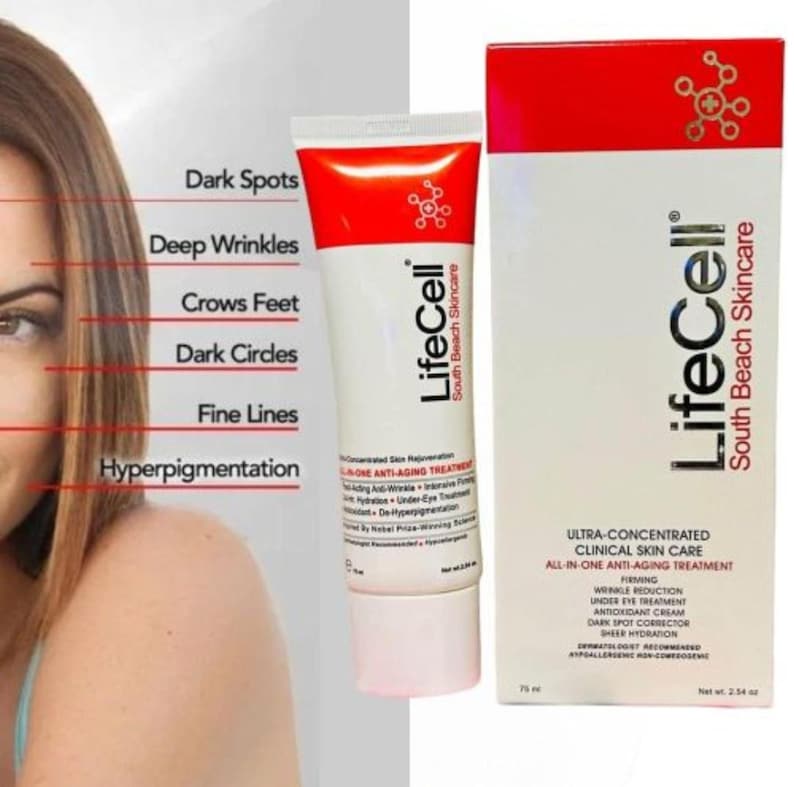 May include: A LifeCell South Beach Skincare tube and box set. The white and red packaging features the text LifeCell South Beach Skincare, Ultra-Concentrated Clinical Skin Care, and All-In-One Anti-Aging Treatment. Net weight is 2.54 oz.
