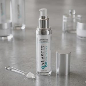 Op de afbeelding: Een heldere glazen fles van Alastin Skincare Restorative Skin Complex met een zilveren pomp en dop. Een kleine heldere lepel bevat een klodder van het product. De fles is 30 ml.