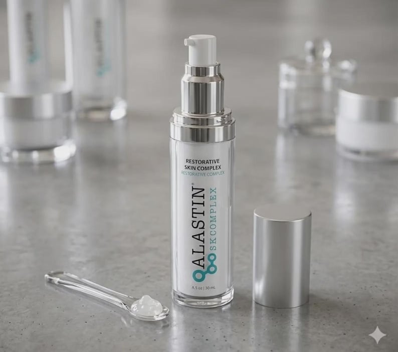 Op de afbeelding: Een heldere glazen fles van Alastin Skincare Restorative Skin Complex met een zilveren pomp en dop. Een kleine heldere lepel bevat een klodder van het product. De fles is 30 ml.