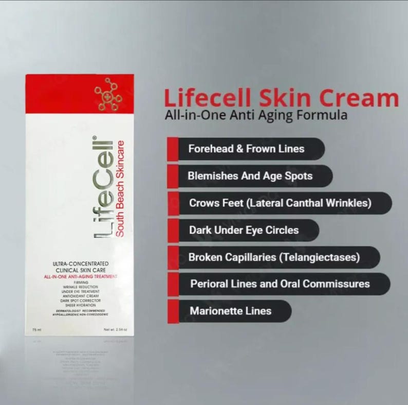 May include: A white and red LifeCell Skin Cream box with 2.54 fl oz net weight. The packaging lists the all-in-one anti-aging formula benefits including forehead and frown lines, blemishes, age spots, crows feet, dark under eye circles, and more.
