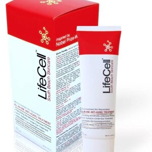 May include: A white and red LifeCell South Beach Skincare box and a matching squeeze tube. The packaging features the text All-In-One Anti-Aging Treatment, lists benefits like fast-acting anti-wrinkle and intensive firming, and mentions Nobel Prize-winning science.