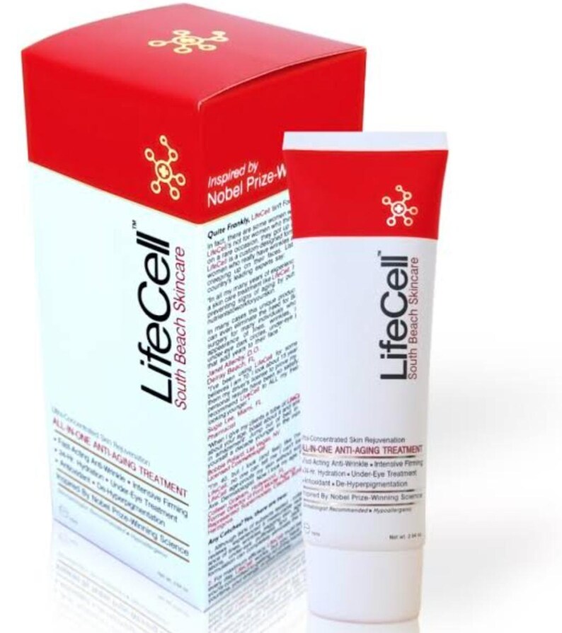 May include: A white and red LifeCell South Beach Skincare box and a matching squeeze tube. The packaging features the text All-In-One Anti-Aging Treatment, lists benefits like fast-acting anti-wrinkle and intensive firming, and mentions Nobel Prize-winning science.