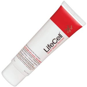 May include: A white squeeze tube of LifeCell South Beach Skincare All-In-One Anti-Aging Treatment. The tube features a red top section with a small logo, black and red text, and indicates a net weight of 2.54 oz and a volume of 75 ml.