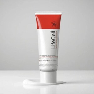 May include: A white and red squeeze tube of LifeCell South Beach Skincare all-in-one anti-aging treatment. The tube features a red top section with a small circular logo, black text, and a white base. The product label lists various benefits.