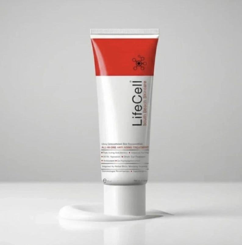 May include: A white and red squeeze tube of LifeCell South Beach Skincare all-in-one anti-aging treatment. The tube features a red top section with a small circular logo, black text, and a white base. The product label lists various benefits.