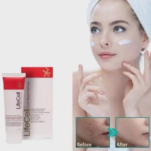 May include: A white and red tube of LifeCell South Beach Skincare cream next to its matching box. The image includes a person with a white headband and cream on their cheeks, alongside two small inset photos labeled Before and After.