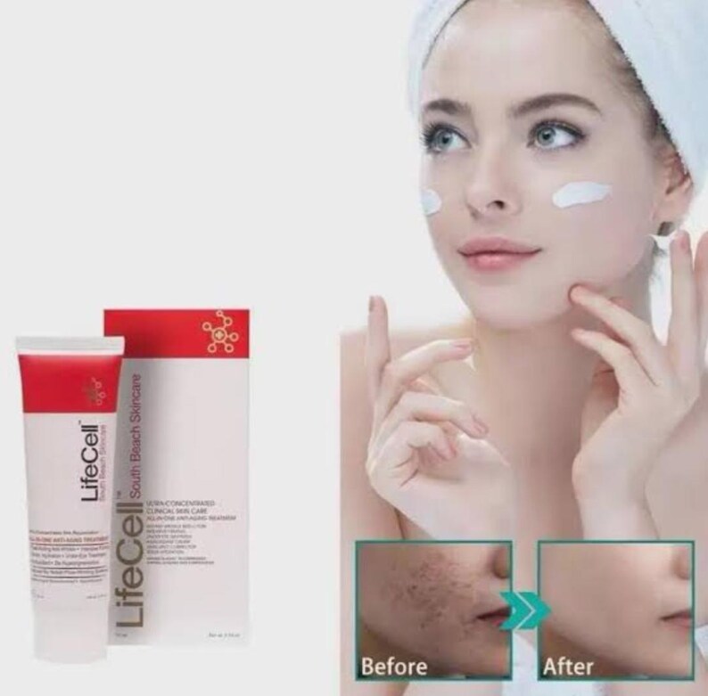 May include: A white and red tube of LifeCell South Beach Skincare cream next to its matching box. The image includes a person with a white headband and cream on their cheeks, alongside two small inset photos labeled Before and After.