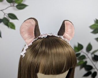 Serre-tête confortable marron avec oreilles de souris, oreilles douces en fourrure de Cosplay faites main, ruban de soie satiné rose - serre-tête adulte