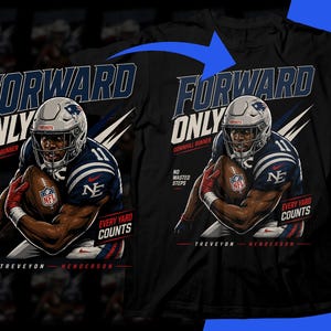 May include: A black t-shirt featuring a graphic illustration of a football player in a blue and white uniform with a helmet, holding a football. The text reads FORWARD ONLY, DOWNHILL RUNNER, NO WASTED STEPS, EVERY YARD COUNTS, and TREVEYON HENDERSON.