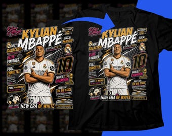 May include: A black t-shirt featuring a graphic print of Kylian Mbappé in a white soccer jersey with arms crossed. The design includes text such as KYLIAN MBAPPÉ, NEW ERA OF WHITE, and various soccer-themed phrases in yellow, white, and red.