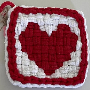 Hand-Woven Heart Mug Mat – Cotton Coaster, White Red Artisan Trivet - Tea Lover Gift