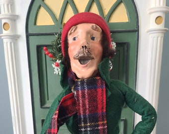 Limited Edition Byers Choice Caroler Male Skater 46 of 100 Man with Mustache Green Jacket Red hatoutfit 1991