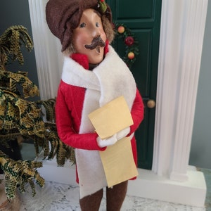Vintage Byers Choice Man Father Traditional Caroler 1997 Red Jacket Brown Tan pants white scarf Holding Sheetmusic scroll