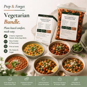 Könnte beinhalten: Ein vegetarisches Prep & Forget-Set mit fünf Etiketten für Gefrierbeutel, Rezeptkarten und einem transparenten Beutel mit rauchigem Chili aus schwarzen Bohnen und Süßkartoffeln. Vier Keramikschalen enthalten verschiedene pflanzliche Eintöpfe.