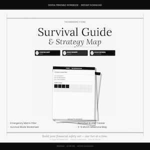Op de afbeelding: Een digitale, printbare werkmap getiteld "Survival Guide & Strategy Map". Het ontwerp is in zwart en wit, met tekst als "The Emergency Fund" en "Build your financial safety net". De werkmap bevat een €1.000 tracker en een 3-6 maanden mijlpaalkaart.