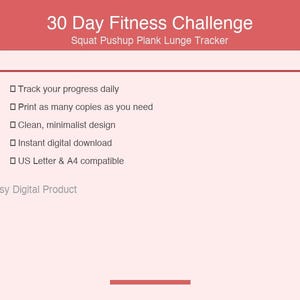 May include: A digital fitness tracker with the text "30 Day Fitness Challenge" in white on a red banner. The tracker includes space for squat, pushup, plank, and lunge exercises. Features include daily progress tracking, a minimalist design, and instant download.