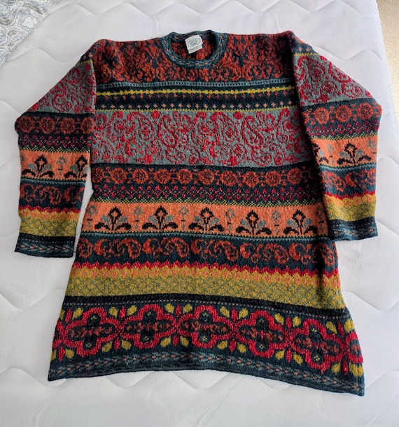 Vintage 1980s Laura Ashley Wool Chenille Sweater Oversized Paisley Tapestry Knit Medium
