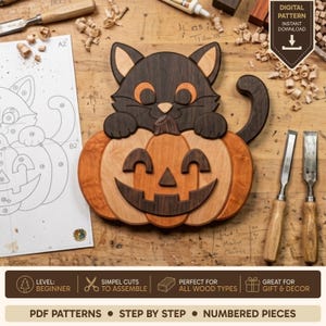 May include: A wooden intarsia wall art piece featuring a dark brown cat resting on top of an orange jack-o'-lantern pumpkin. The cat has light brown inner ears and a small nose. The pumpkin has a dark brown carved face with a triangular nose.