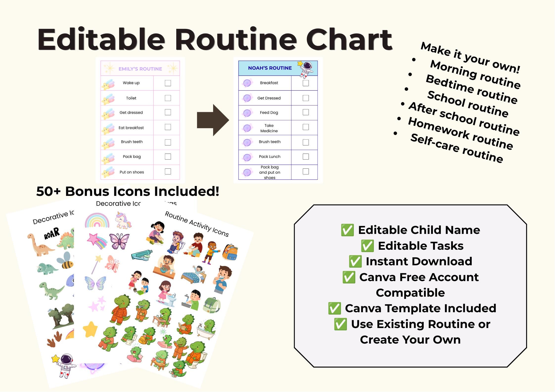 Editable Routine Chart for Kids | Canva Template | Visual Schedule ...