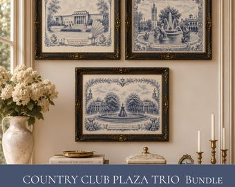 Housewarming Gift Kansas City Gallery Wall Set Country Club Plaza Trio Toile de Jouy Nelson Atkins Meyer Circle Fountain Grandmillennial KC