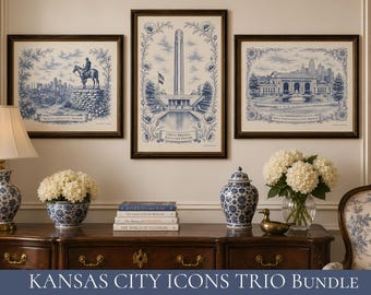 Gallery Wall Set Kansas City Icons Trio Toile de Jouy Scout Statue Union Station Liberty Memorial Housewarming Gift Grandmillennial KC Art