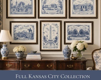 Art Lover Gift Kansas City Complete Collection All 6 Landmark Prints Toile de Jouy Gallery Wall Set Grandmillennial Housewarming KC Decor