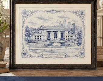 Housewarming Gift Kansas City Wall Art Union Station Toile de Jouy Grandmillennial Print KC Art Lover Gift Traditional Home Decor