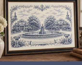 Dining Room Wall Art Kansas City Print Meyer Circle Fountain Ward Parkway Toile de Jouy Grandmillennial Home Decor Housewarming Gift KC