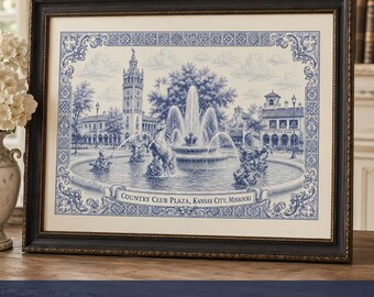 Grandmillennial Living Room Wall Art Kansas City Print Mill Creek Fountain Country Club Plaza Toile de Jouy Home Decor Housewarming Gift KC
