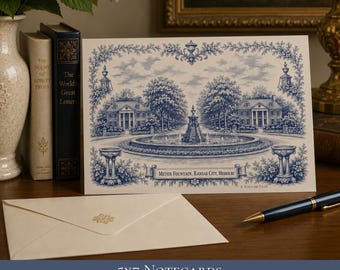 Kansas City Art Stationery Meyer Circle Fountain Ward Parkway Toile de Jouy Grandmillennial Biglietti di ringraziamento Confezione regalo per padrona di casa da 10