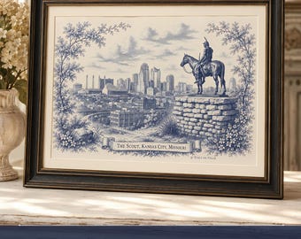 Kansas City Gift The Scout Statue Penn Valley Park Toile de Jouy Grandmillennial Wall Art Traditional Home Decor Housewarming Print KC
