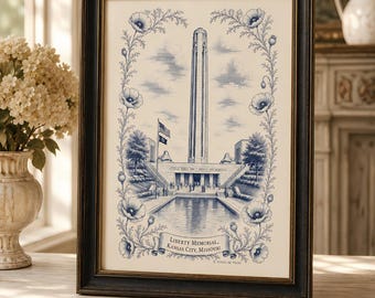 History Lover Gift Kansas City Art Print Liberty Memorial WWI Museum Toile de Jouy Grandmillennial Office Decor Traditional Wall Art KC