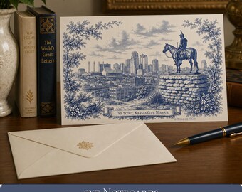 Set di biglietti d'auguri Fine Art con statue di scout, Penn Valley, Kansas City, Toile de Jouy, cancelleria Grandmillennial, biglietti di ringraziamento, confezione regalo per padrona di casa da 10 pezzi