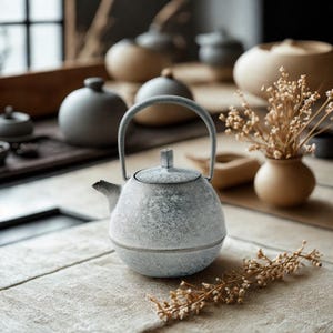 Puede incluir: Una tetera redonda de textura granulada con un acabado moteado en blanco y gris, que cuenta con un asa metálica alta y arqueada y una tapa a juego. La tetera tiene un pico corto y curvado y un cuerpo ancho y abombado.