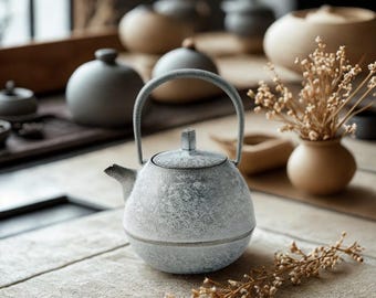 May include: A round, textured teapot with a speckled white and grey finish, featuring a tall, arched metal handle and a matching lid. The teapot has a short, curved spout and a wide, bulbous body, presented as a singular functional vessel.