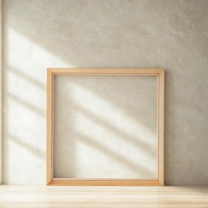 May include: A square wooden picture frame with a light natural finish. The frame features a simple, clean-lined design with a flat profile and a smooth texture, showcasing the grain of the wood. It is empty, revealing a hollow center.